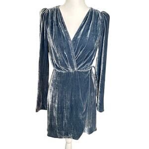 Reformation blue gray holiday velvet Chrissy wrap silk blend mini dress size S